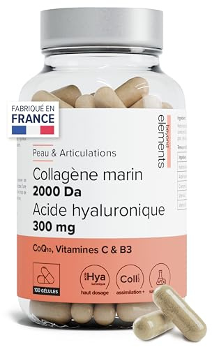 Collagène marin 2000Da + Acide hyaluronique 300mg, haute absorption, types I&III, peau hydratée, Coenzyme Q10, Vitamine C et B3, pêche responsable -100 gélules - Beyond Elements