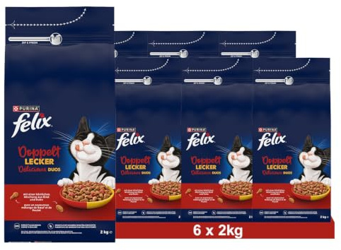 Felix Dubbel läckra kattmat torr med nötkött och kyckling och rik på rödbetor, förpackning med 6 (6 x 2 kg)