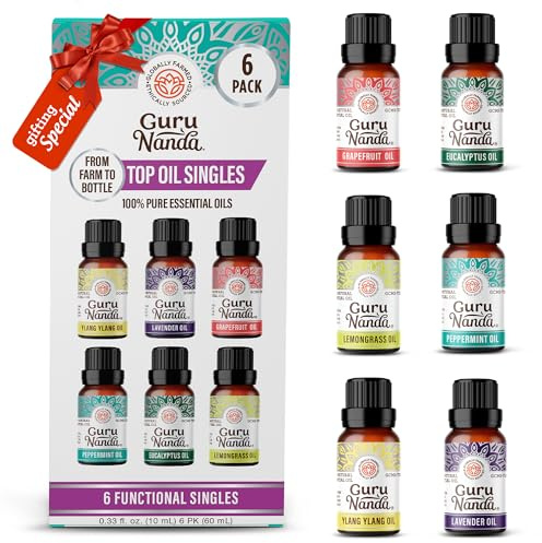 GuruNanda Essential Oils Set – 6 Pack (10mL Each), Lavender, Peppermint, Eucalyptus, Lemongrass, Grapefruit & Ylang Ylang, 100% Natural Aromatherapy Oils for Diffuser, Massage & DIY Candle Making