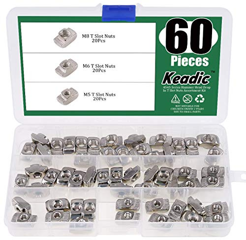 Keadic 60Pcs 4545 Series T Nuts, M5 M6 M8 Hammer Head Fastener Drop in T Slot Nut Assortment Kit with Organizing Box for Aluminum Profile - Carbon Steel Nickel Plated