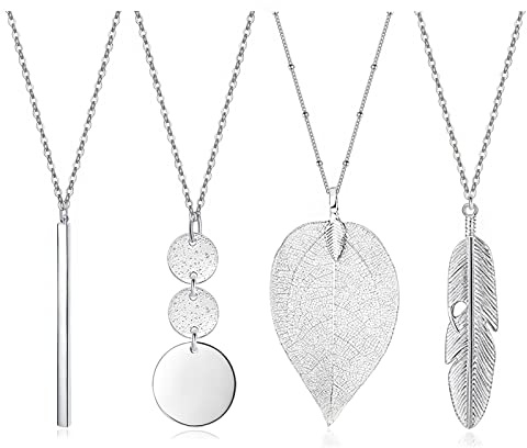 YQZIYOU 4 PCS Long Necklaces for Women - Fashion Pendant Necklace Jewelry, Silver Bar Feather Circle Leaf Lock Tassel Y Necklace Jewelry Set