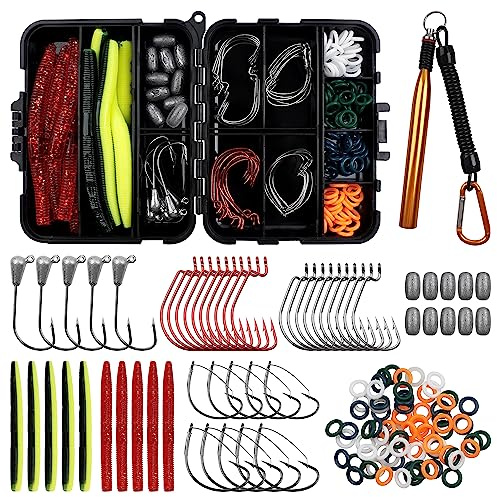 Wacky Rig Kit for Bass Fishing,136pcs Fishing Box Including Jig Head,Weedless Hooks,O-Rings,Worm Bait,Fishing Hooks,Weight Sinker,Wacly Rig Tools for Saltwater Freshwater