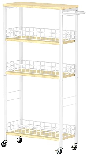 NORCEESAN Schmaler Servierwagen 4 Ebenen, Schmaler Küchenwagen auf Rädern, Nischenregal, Rollwagen auf Rollen mit Hölzerner Tischplatte für Büro, kleine Räume, Küche, Wohnzimmer, Arbeitszimmer