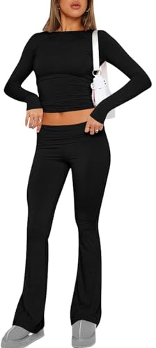 ABINGOO Tuta da Donna Casual 2 Pezzi a Maniche Lunghe Aderente Crop Top Svasati a Vita Bassa Pantaloni Lounge Set Yoga Tuta(Nero,L)
