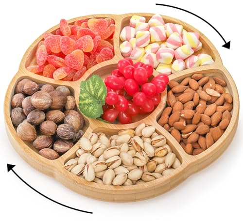 Cididu Bamboo Food Tray, 12'' Lazy Susan Serving Tray, Appetizer Divided Serving Platter Dishes, 360° Rotating Relish Party Trays, 6 Compartments Bamboo Tray for Snack Nut Fruit Veggie Chip and Dip