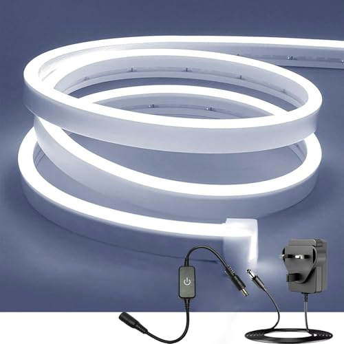 ShineBurky 5M Neon LED Strip Light, Cool White 6000K Outdoor Rope Lights with Plug and Dimmer, 12V Waterproof Small Cuttable Flexible Silicone Light Kit for Bedroom Kitchen Ceiling Wall Wedding Decor