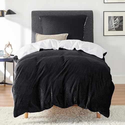BEDSURE Flauschige Bettwäsche 135x200 Schwarz - Winter Bettbezug Fleece mit 80x80 cm Kissenbezug, Warme Bettwäsche-Sets mit Reißverschluss, Kuschel Waffelpique Winterbettwäsche für Einzelbett