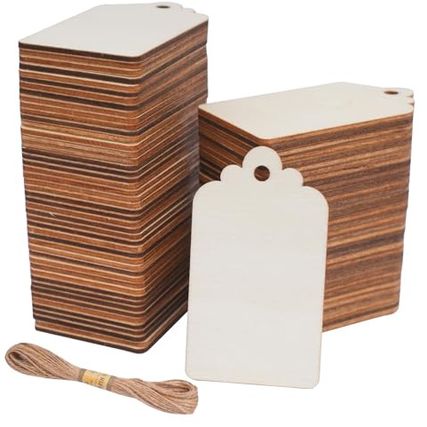 Dluszert Lot de 90 étiquettes en bois rectangulaires de 3,9 x 6,8 cm - Etiquettes cadeaux en bois vierges avec cordon - Parfait pour bricolage, artisanat, mariage, etc.