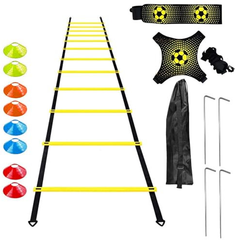 Entraînement de Football Kit pour Enfant et Adultes, 6m Échelle de Coordination avec 10 Cônes 1 Ceinture d'entraînement et 4 Poteaux, Ensemble de Vitesse et Agilité pour Entraînement de Football et Co