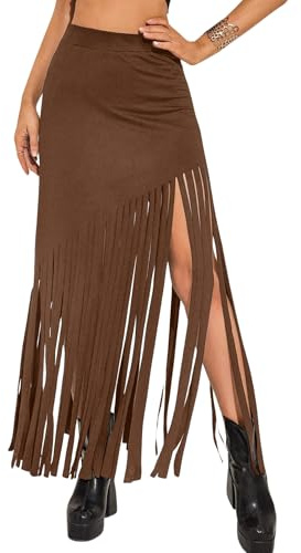 Ella Lust Gonne Lunghe da Cowgirl da Donna - Abiti da Concerto Country Western Gonna a Tubino Lunga Estiva Aderente con Orlo a Frange e Vita Alta(DeepBrown,M,11162r)