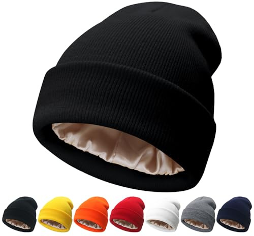 NPQQUAN Satin Lined Beanie for Women Silk Lined Beanies Winter Warm Soft Lining Cuffed Knit Beanie Hats for Women Black(Satin Lined)