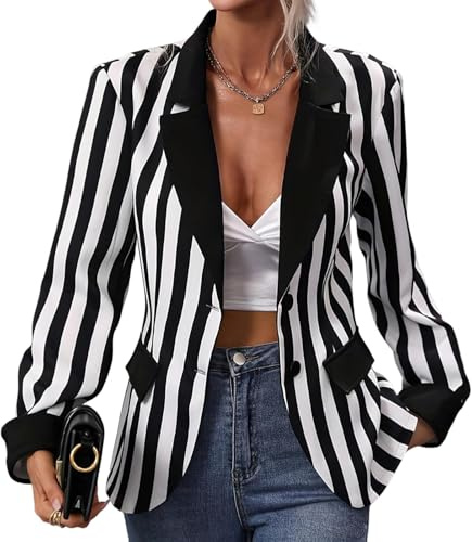 Goolecrimp Blazer a Righe Bianche e Nere da Donna Blazer a Righe Verticali Monopetto a Maniche Lunghe di Tendenza Giacca Elegante da Ufficio per Feste (Nero,S)