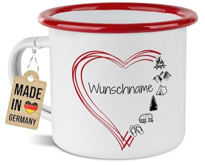 Tassendruck Emaille-Tasse mit Herz-Motiv - mit Name selbst gestalten - Geschenk für Camper, Campingtasse, Outdoortasse, Geburtstagsgeschenk, Personalisiert, 300ml, Rand Rot
