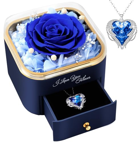 FRFG Rose Eternelle avec Collier Coeur, Cadeau pour Femmes pour la Saint-Valentin, Roses Préservé avec Bijoux, Cadeau Anniversaire Femme, pour Épouse Maman avec Bijoux Fête des Mères Noël - Bleu