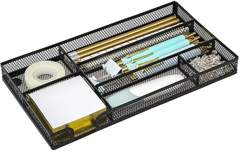 EXERZ Mesh Organiser Tray – Metal Desk Drawer Insert with 6 Compartments – Stackable Office Drawer Organiser for Stationery, Makeup & Accessories (Black)