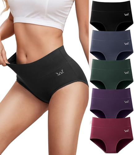 PULIOU Womens Knickers Ladies High Waisted Cotton Underwear Panties Briefs Full Back Coverage Comfy Stretchy Slight Tummy Contorl Multipack of 5