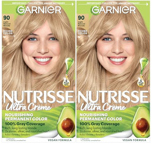 Garnier Nutrisse Ultra Crème Hair Color, Permanent Hair Dye with 100% Gray Coverage, Vegan & Cruelty-Free, 90 Light Natural Blonde (Macadamia), 2 Count