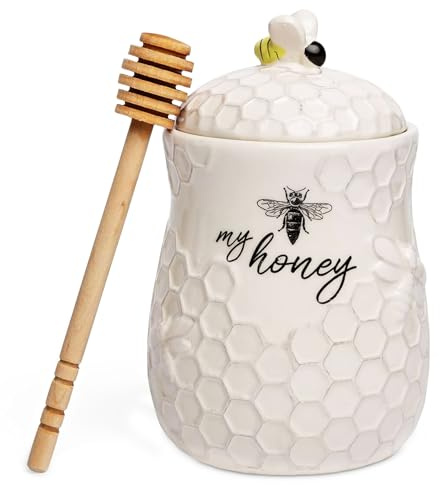 Young's Inc. Ceramic Honey Jar with Lid and Wooden Honey Dipper - Farmhouse Kitchen Decor - Tea Accessories