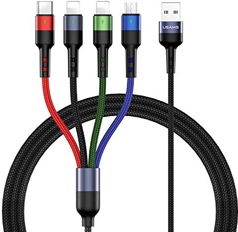 USAMS Multi Charging Cable 2Pack 4FT 4 in 1 Nylon Braided USB Fast Charging Cord Adapter Type C Micro Port Compatible Cell Phones Tablets and More