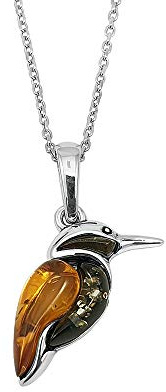 Kiara Jewellery Sterling silver kungsfiskarhänge halsband inlagd med blandad färg bärnsten på 45 cm italiensk sterling silver spårkedja., Sterlingsilver och bärnsten, Amber