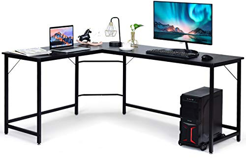 COSTWAY Skrivbord i L-form, hörnskrivbord, gamingbord, datorbord, datorskrivbord med CPU-ställ, kontorsbord, vinkelskrivbord för hemmakontor, 168 x 125 x 74 cm (svart)