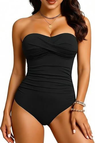 Yonique Womens Strapless One Piece Swimsuit Tummy Control Bandeau Bathing Suits Slimming Twist Front Swimwear Black L