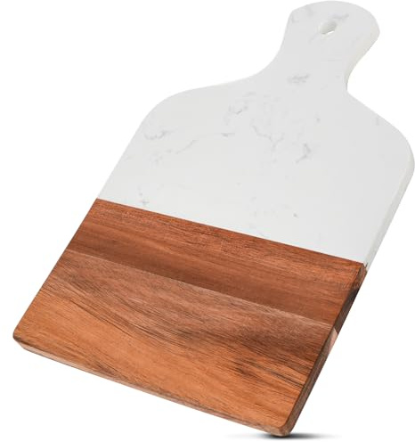 Coloch Marble and Acacia Wood Cutting Board, Charcuterie Chopping Board with Handle, Decorative Serving Board for Cheese, Steak, Bread, Fruit (white)