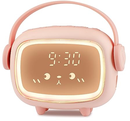 Edillas Kinderwecker Digital Mädchen Jungen Nachtlicht Snooze,Countdown,6 Weckklingeltönen,Einstellbarer Helligkeit,Aufladbarer Wecker für Kinderzimmer,Wohnzimmer (Rosa)