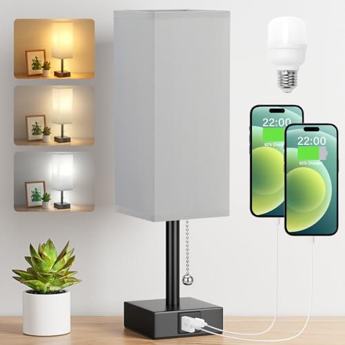 Aooshine Bedside Lamp, Table Lamp for Bedroom, Lamp with USB C+A Charging Ports, Small Lamp with 3-Color Modes with Pull Chain, Lamps with Grey Fabric Shade(LED Bulb Included)
