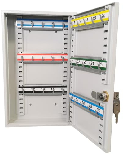 LEOMAR Armadietto per Chiavi, Cassetta con 30 Ganci, in Lamiera d'acciaio, Strisce di Gancio Regolabili, per Montaggio a Parete, Chiudibile a Chiave, con Materiale di Montaggio, 6 x 20 x 32 cm