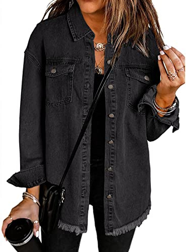 Roskiky Veste Femme Oversized Boutonnée Ourlet Effiloché Shacket Manches Longues Poches Denim Veste en Jean, Noir , S