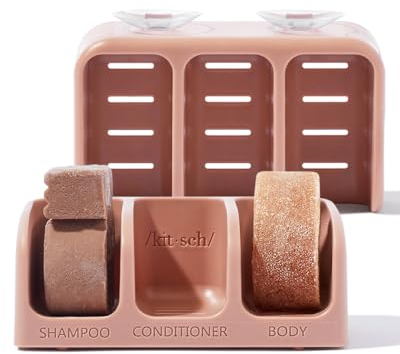 Kitsch Self-Draining Soap Dish for Shower - Recycled Plastic Holder for Shampoo, Conditioner & Body Wash Bars | Chic Shower Soap Holder for 3 Bars with Removable Suction Cups