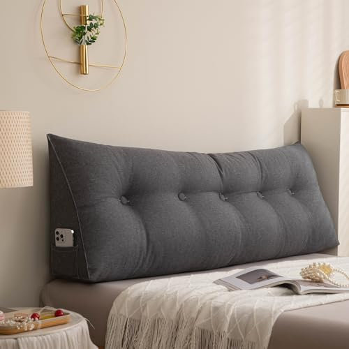 Flachs Rückenkissen Bett, Ergonomisch Keilkissen für Nacken, Schulter, Rücken- und Lendenwirbelstütze, Abnehmbarer & waschbarer Bezug, Lesekissen Rückenlehne zum Lesen, Fernsehen,Dark gray,60CM