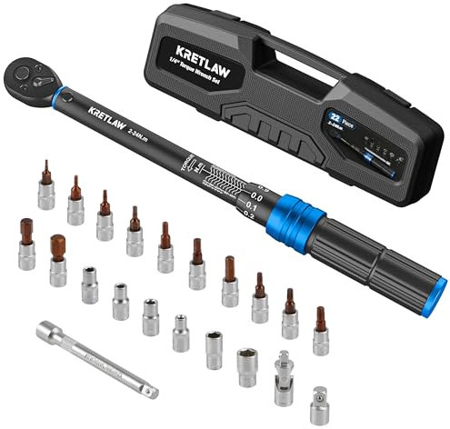 KRETLAW 22tlg. Drehmomentschlüssel Set, 1/4 Umschaltknarre 2-24 Nm 72 Zähne Ratschenkasten, ±3% Fehlergenauigkeit mit Verlängerungen, Stecknusse, Adapter