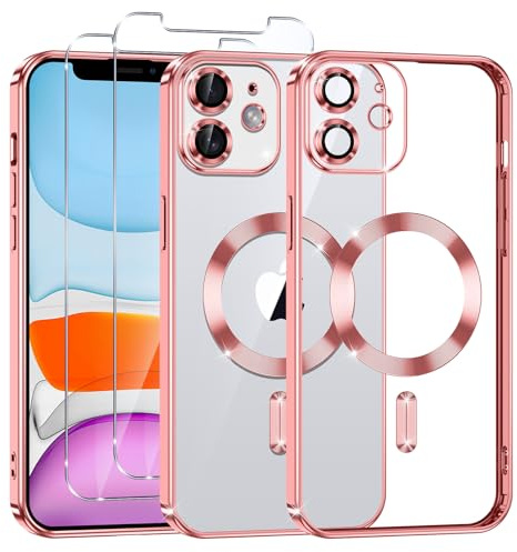 Phoona Klare Magnetisch Hülle für iPhone 11 6,1 Zoll, mit 2 Stück Gehärtete Glas Schutzfolie, Anti-Gelb, Stoßfest Kabellosem Laden, Anti Scratch, Rosa
