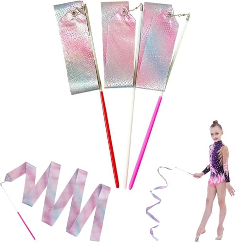 Dolaso 3 Pcs Flashing Dance Ribbons with Pink Wand, 78.7 Inch Gymnastics Ribbon Dancer Wand Dancing Ribbon Streamers for Kids, for Talent shows, Artistic Dancing, Baton Twirling