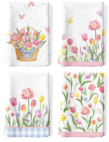 Arquiel 4 Piezas Paños de Cocina Flor Tulipán Algodón Toallas de Cocina Regalos para Mamá Suaves y Absorbentes Toallas de té y Toallas de Barra Decoración de Cocina Limpieza, 48 x 70 CM
