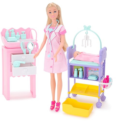 Toyland® Coffret de Jeu Docteur et bébé - 1 poupée, 1 bébé, 1 Poste de Bain, 1 Table à Langer et 15 Accessoires Inclus - Jouets pour Filles