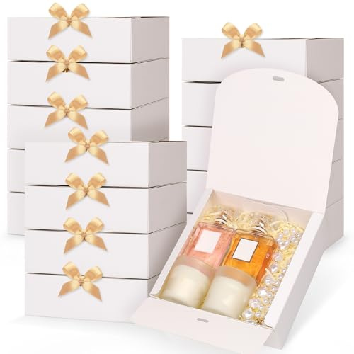 GXFCING 15 Cajas de Regalo Blancas, 16x16x5cm Plegable Cajas de Regalo con Tapa, Caja Regalo Carton con Cinta de Satén Dorada para Bodas, Cumpleaños, Navidad, Fiestas