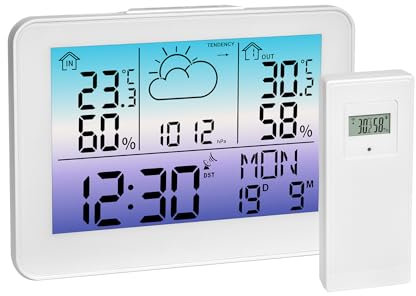 TFA Dostmann Station météo sans fil et capteur extérieur Meteo Sky, 35.1175, rétro coloré, thermomètre/humidité intérieure extérieure, prévisions météo avec symboles, numérique, jour francaise, blanc