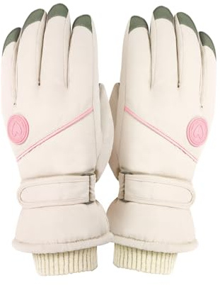 Feelorna Gants de ski pour femme - Gants d'hiver thermiques doux pour écran tactile - Avec sangle de poignet réglable - Coupe-vent - Gants de ski et de snowboard chauds (beige, taille unique)
