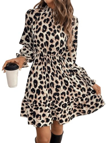 GORGLITTER Women's Leopard Print A Line Flowy Mini Dresses Mock Neck Long Sleeve Ruffle Elegant Fall Dress Khaki Large