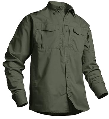 Yevtzl Mens Fishing Shirts Long Sleeve Button Up Ripstop Work Shirts with Zipper Pockets for Outdoor Safari Hiking Hunting Army Green