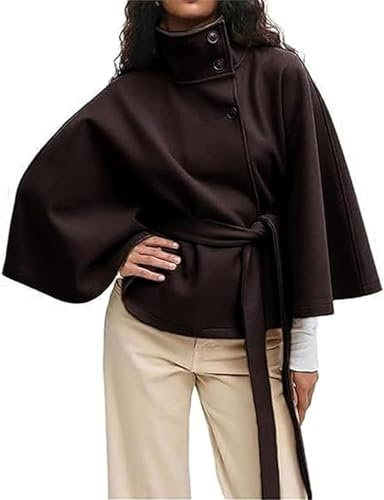 Manteau Court en Laine Mélangée for Femme, Poncho À Manches Chauve-Souris, Veste Cape en Laine À Col Montant Et Ceinture, Veste Cape À Boutons(Brown,XXL)