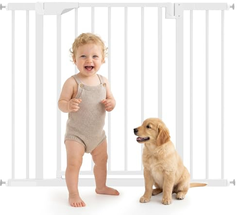 PawHut Barrera de Seguridad para Niños y Perros, Extensible 76-102 cm, Puerta para Perros para Puertas y Escaleras, Bloqueo Doble, Cierre Automático, Montaje a Presión, 2 Extensiones 7/14 cm, Blanco