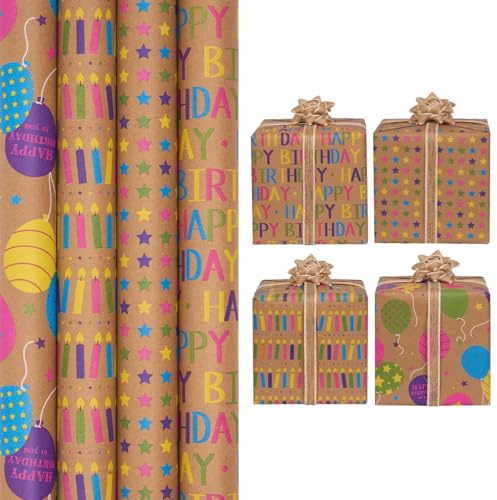 4 rullar födelsedagspresent omslagspapper, 43 cm x 3 m återvinningsbart kraftpapper rulle tryck stjärna, ballong, lämplig för födelsedag, fest, bröllop, festival present dekorationer