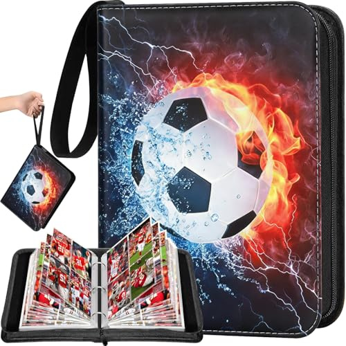 Deeploom Samlaralbum, fotbollskort med 50 sidor, 400 kort, bärbara fotbollskort, samlaralbum, PU, vattentätt samlarkort, album, fotboll med dragkedja och handtagsslang (4 fack)
