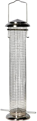 dobar 11523 Comedero grande para pájaros con rejilla, comedero para aves silvestres de acero, comedero para pájaros para colgar, para jardín, terraza, balcón, diámetro de 9,5 x 39 cm, color plateado