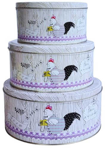 hadaaya Pack of 3 Stackable Round Metal Tin Containers with Lids Multipurpose Tins for Cookies, Candies, Kitchen Storage & More | Gift for Mother's Day & Home Decor Farmhouse Rooster Design