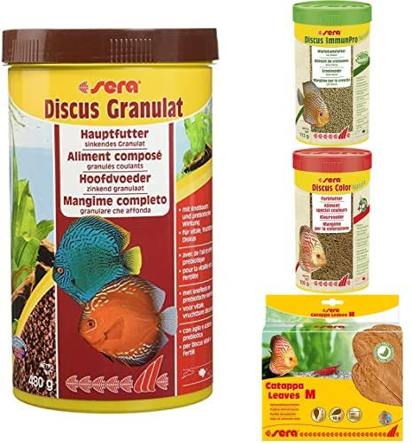 sera Bundle Diskus Futter Set bestehend aus Discus Granulat 1000ml, Discus ImmunPro 250ml, Discus Color 250ml & Seemandelbaumblätter 10 St. in M (16-20cm)
